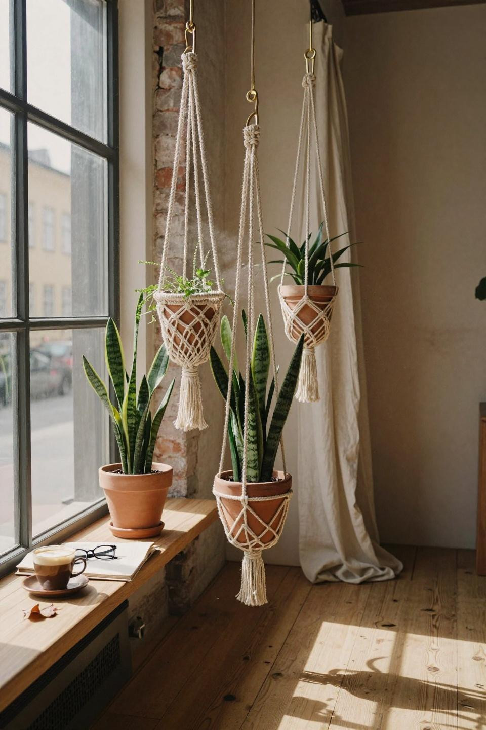 three graduated macrame plant hangers in natural jute holding snake plants in terracotta pots near warehouse windows