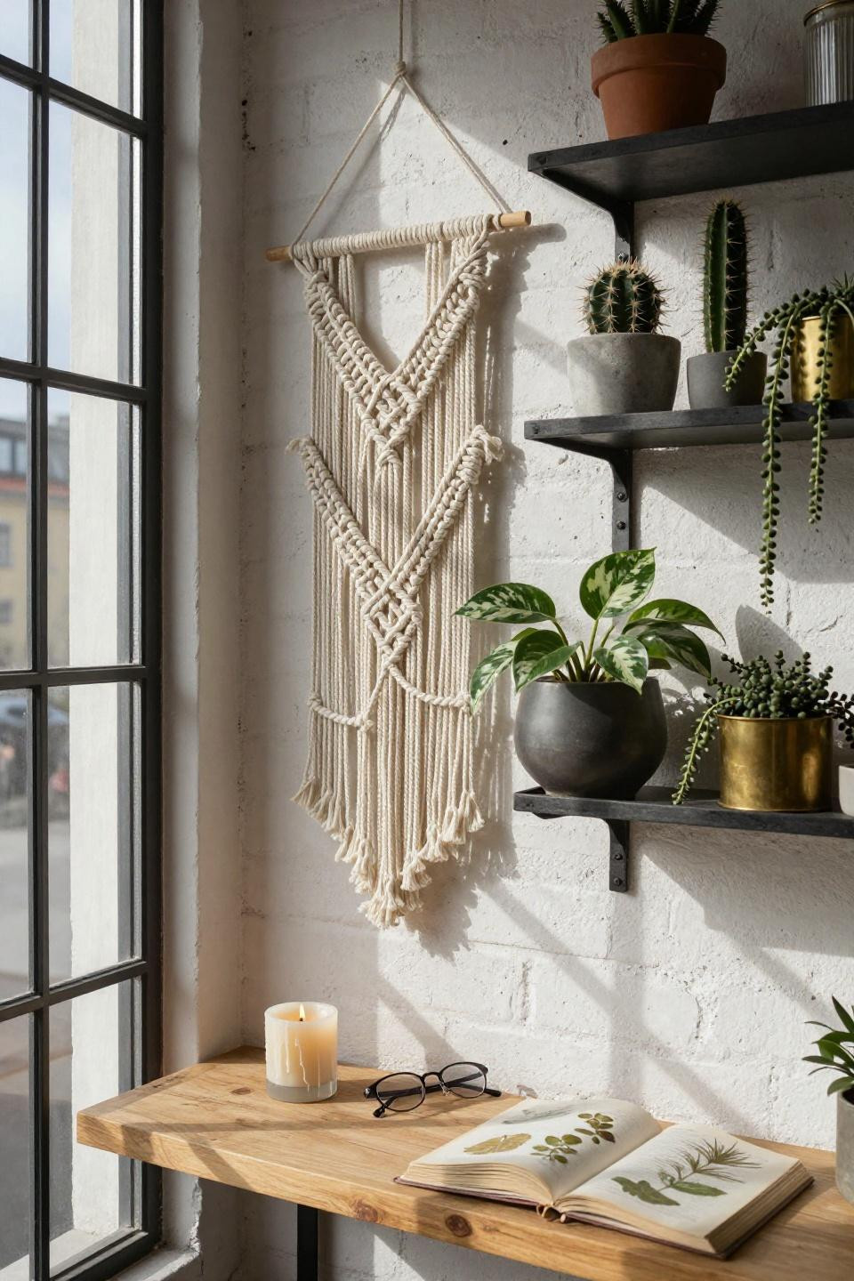 variegated pothos in matte charcoal ceramic pot suspended by artisanal macrame with complex boho-luxe knotwork patterns