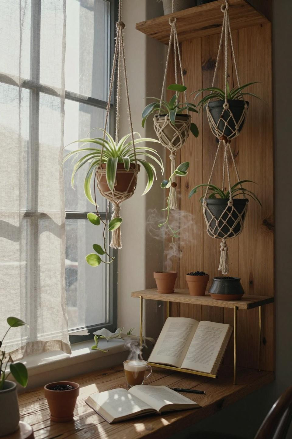 hand-knotted macrame plant hanger with spider plant cascading from teak shelves in sun-drenched breakfast nook