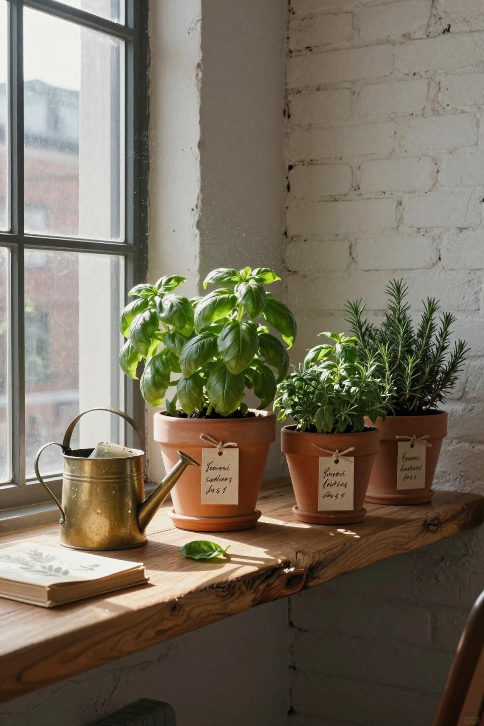 terracotta herb pots on reclaimed oak windowsill with macrame plant hanger in morning light through steel-framed windows