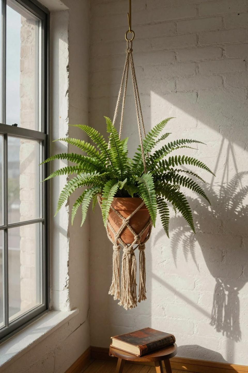 wild boston fern in rough-hewn terracotta pot suspended by hand-woven jute macrame with asymmetrical diamond knots