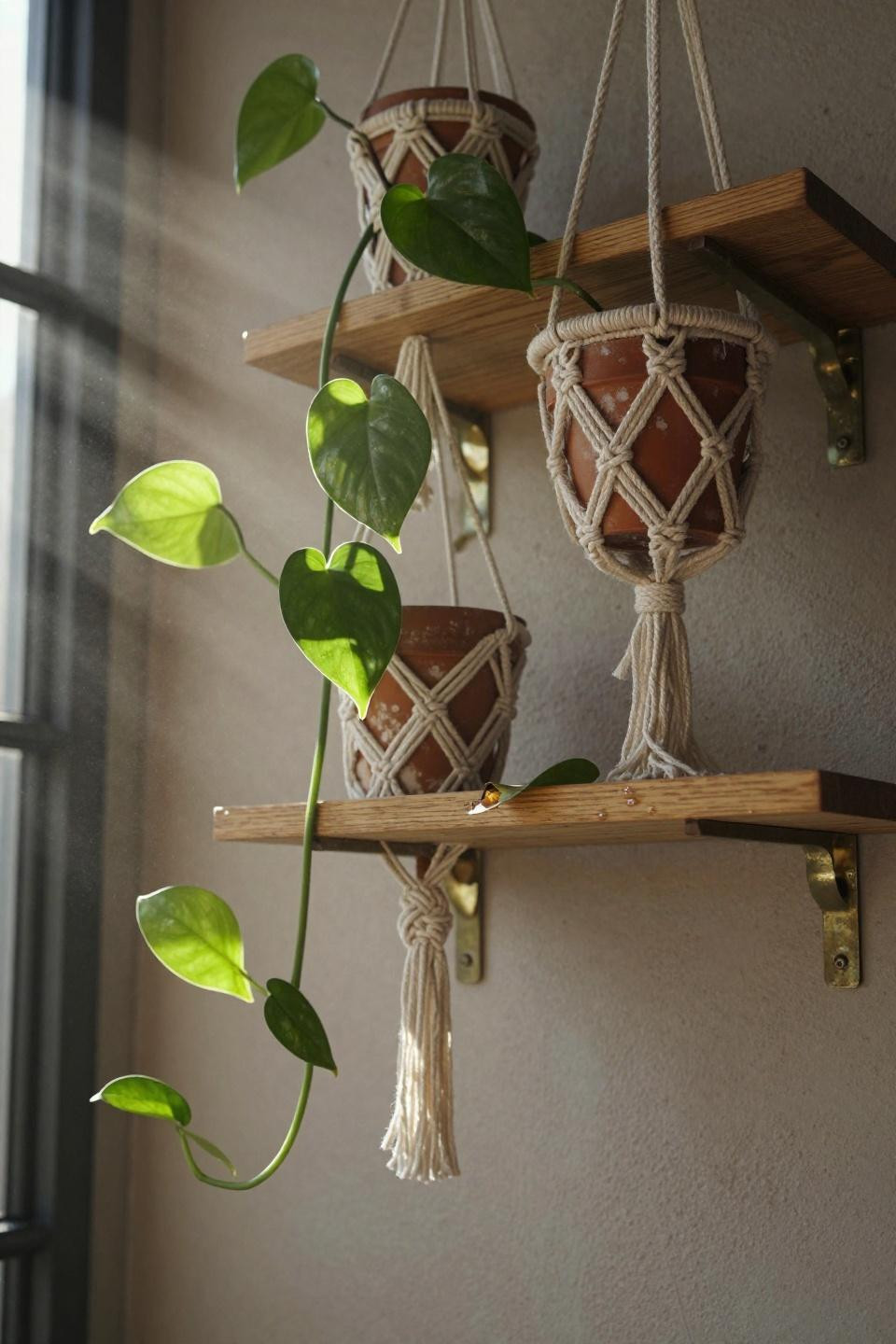 cascading philodendron tendrils in hand-knotted macrame hangers on three-tier floating honey oak wall shelves with intricate bohemian knots