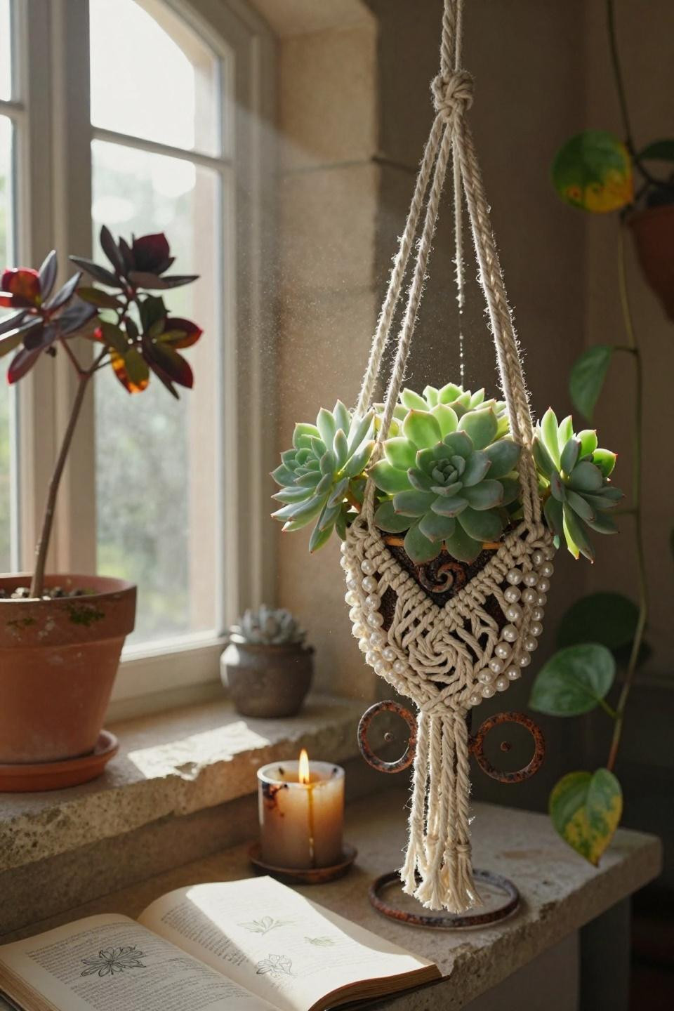 cascading string of pearls succulent in natural cotton macrame with square knots suspended from vintage wrought iron stand