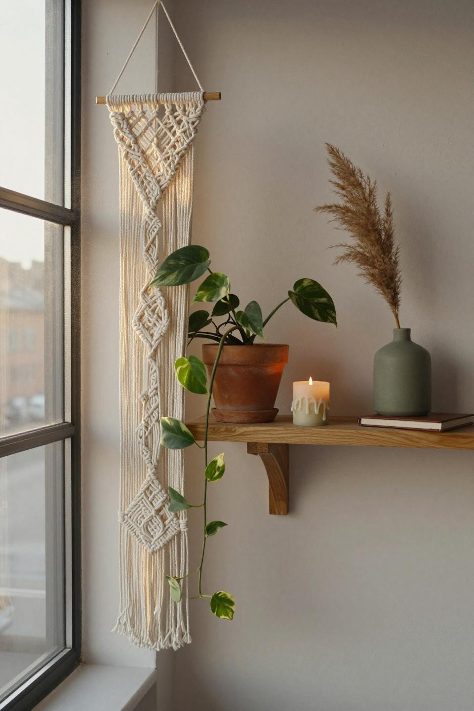 trailing philodendron brasil in sculptural ivory macrame plant hanger beside floor-to-ceiling steel-framed industrial windows