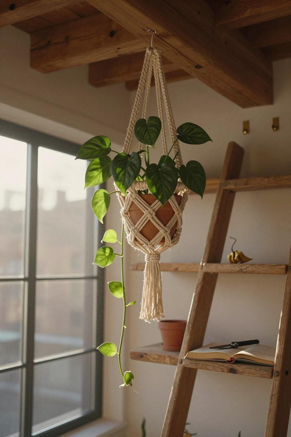 heart-leaf philodendron cascading from three-tier macrame hanger against reclaimed oak ladder shelf leaning at angle