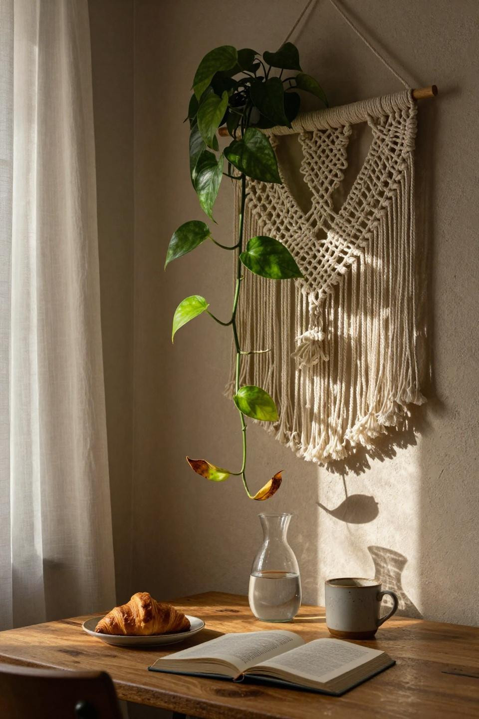trailing pothos in hand-knotted ivory macrame wall hanger with diamond patterns cascading beside reclaimed oak breakfast table
