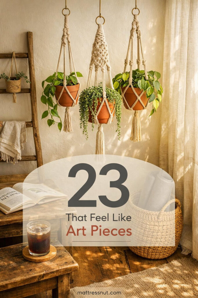 Handwoven macrame plant hanger displaying trailing greenery in a neutral-toned bohemian living space