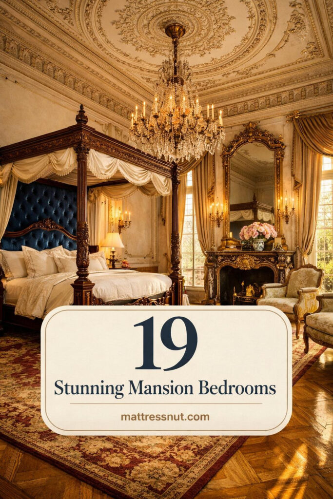 Opulent bedroom featuring ornate moldings, crystal chandelier, velvet upholstery, antique furniture, and tall windows