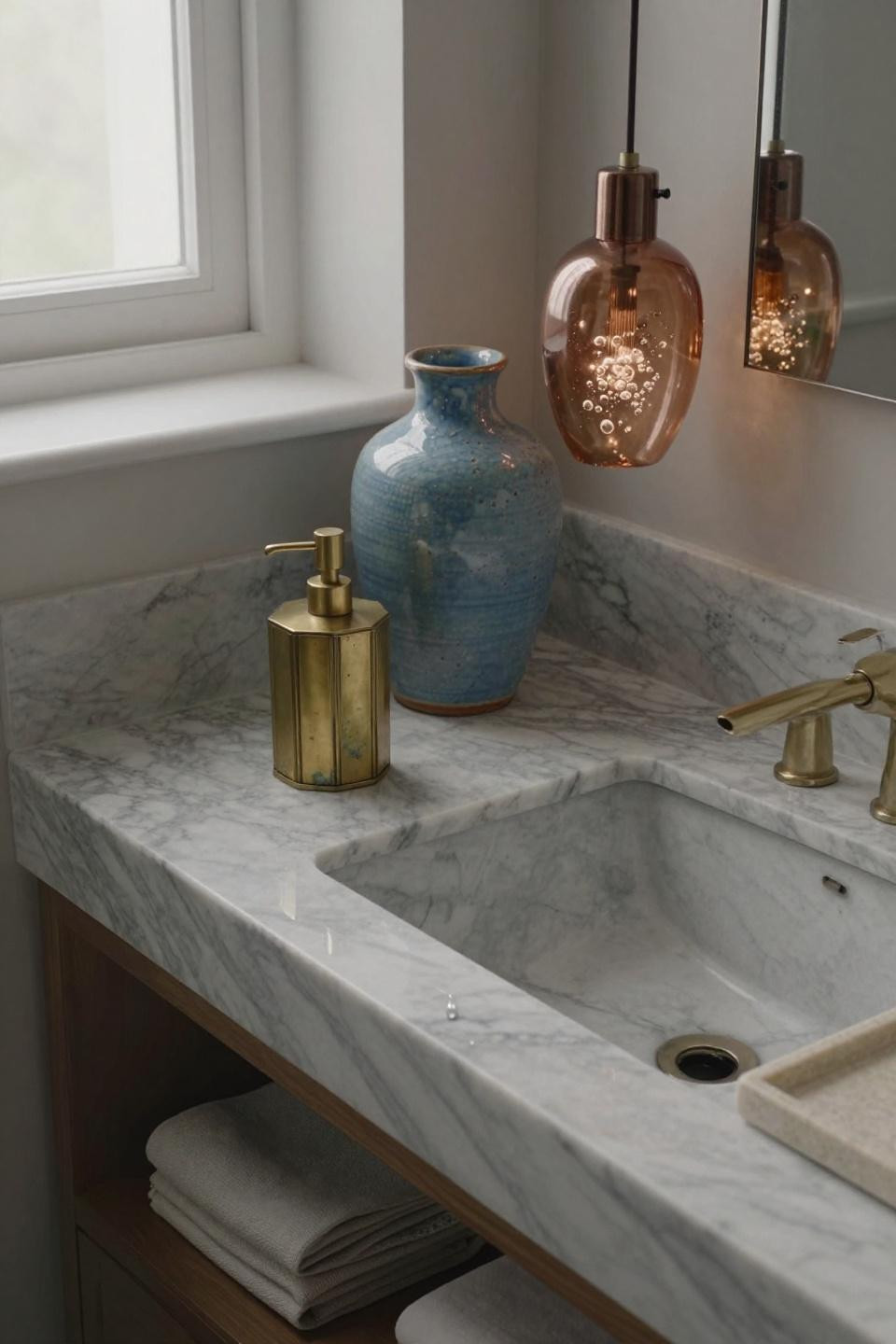 low angle view of art deco brass soap dispenser hand-thrown ceramic vessel and copper pendant on nero marquina marble