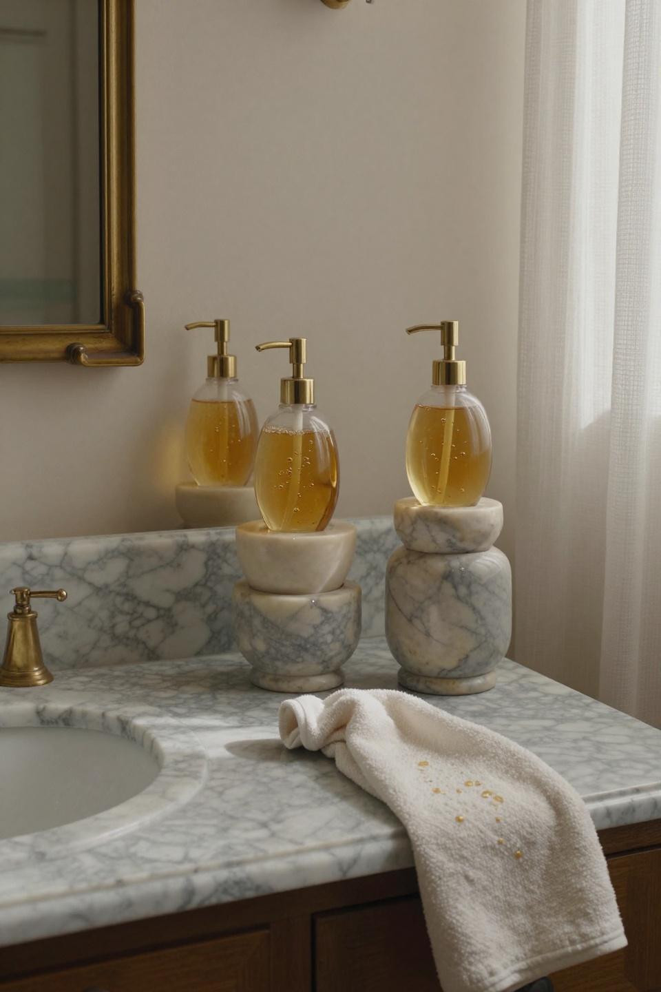 carrara marble bathroom counter in parisian apartment with unlacquered brass fixtures murano glass dispensers and belgian linen