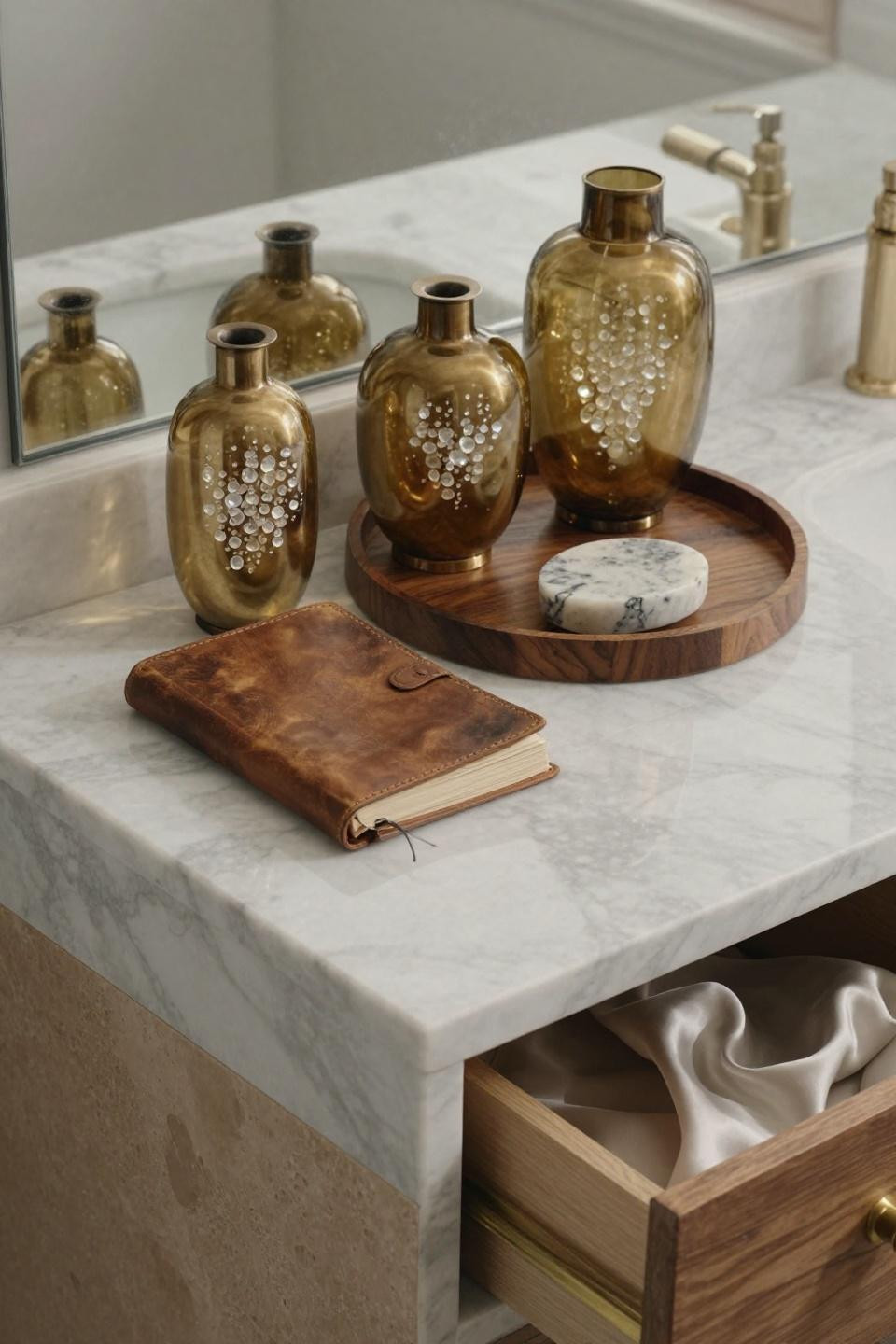 overhead view of walnut tray with three brass vessels mica flakes and water-stained journal on carrara marble vanity