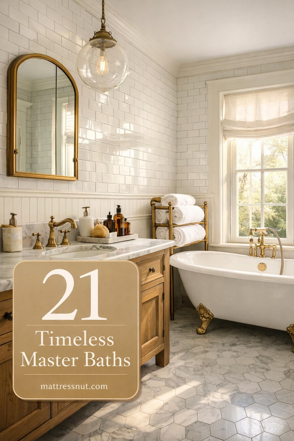 Spacious master bathroom featuring marble countertops, freestanding tub, white cabinetry, and classic fixtures in neutral tones