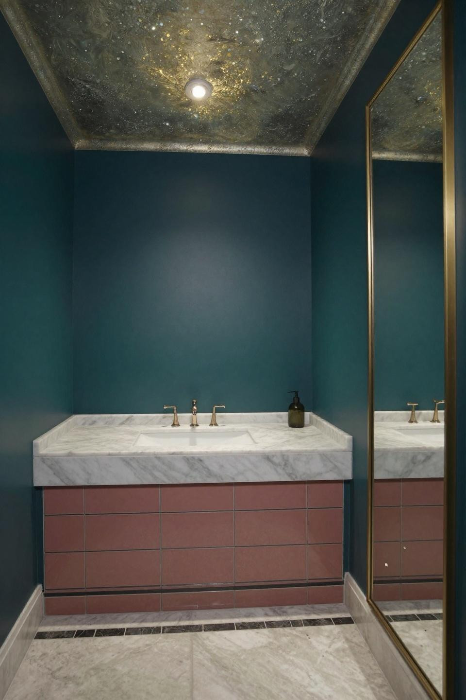 deep teal master bath paint colors with venetian plaster ceiling in gradient sage to charcoal and dusty rose tile