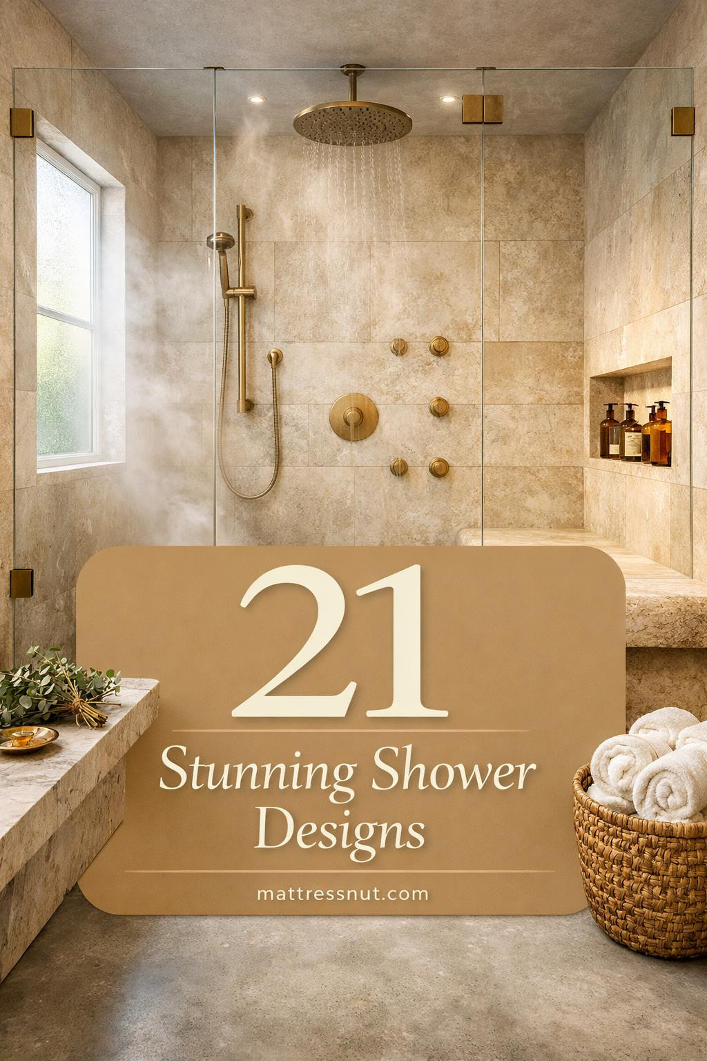 Spacious walk-in shower with natural stone walls, rainfall showerhead, glass enclosure, and ambient morning light