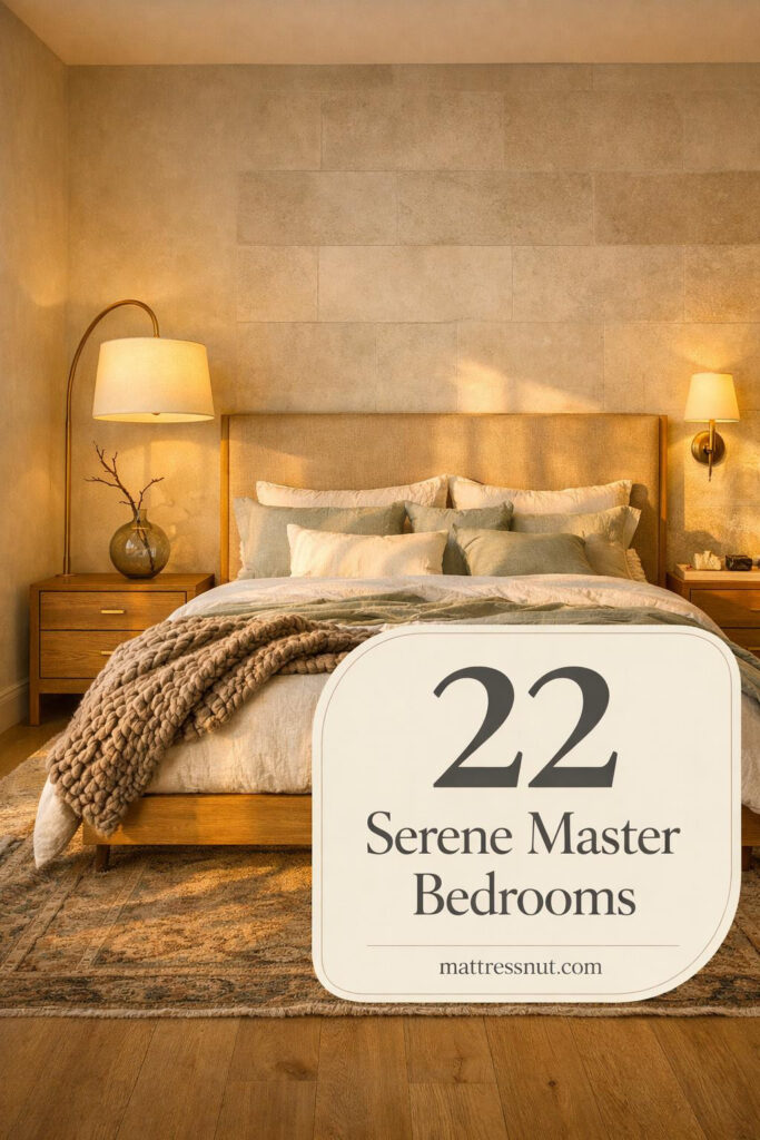 Spacious master bedroom featuring neutral tones, plush bedding, layered textiles, minimal furniture, and soft ambient lighting