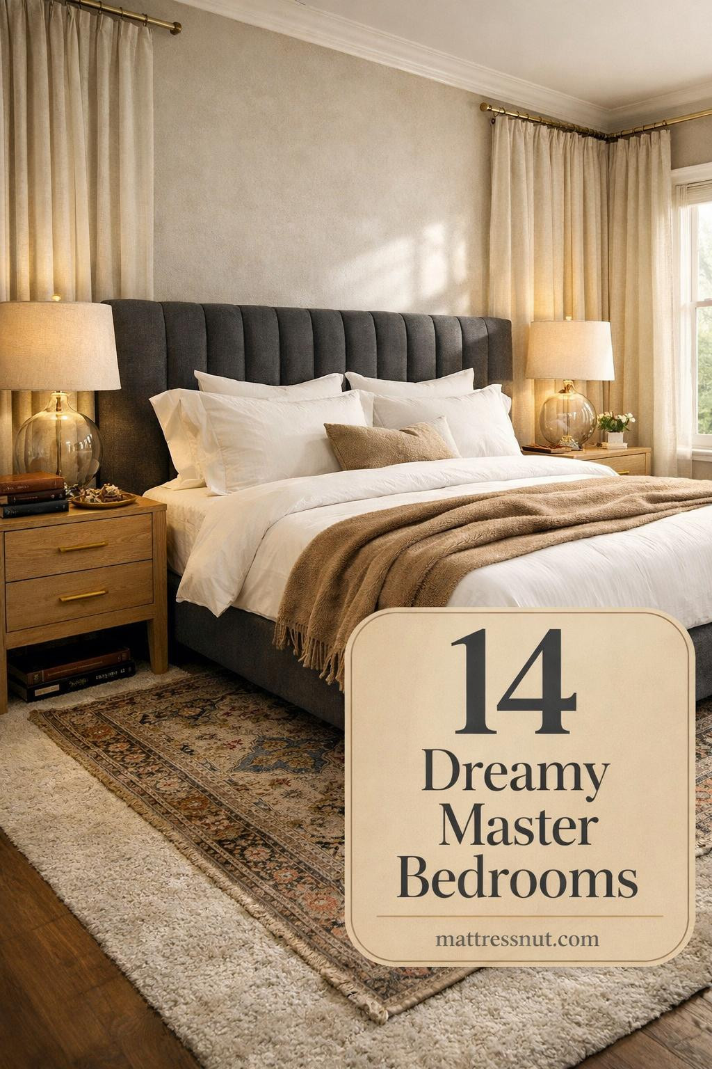 Spacious master bedroom featuring a plush king bed with layered neutral bedding, matching nightstands, soft ambient lighting, and elegant decor creating an intimate retreat for couples