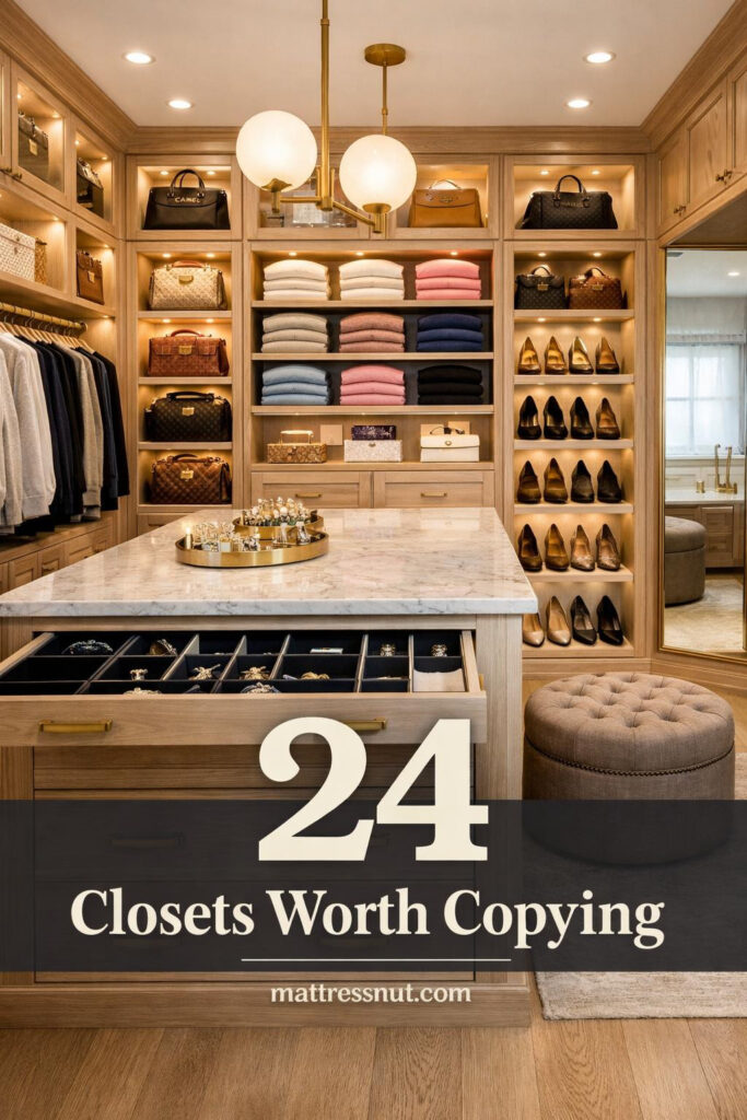 Elegant master closet with custom shelving, hanging rods, shoe racks, and organized drawer systems in neutral tones