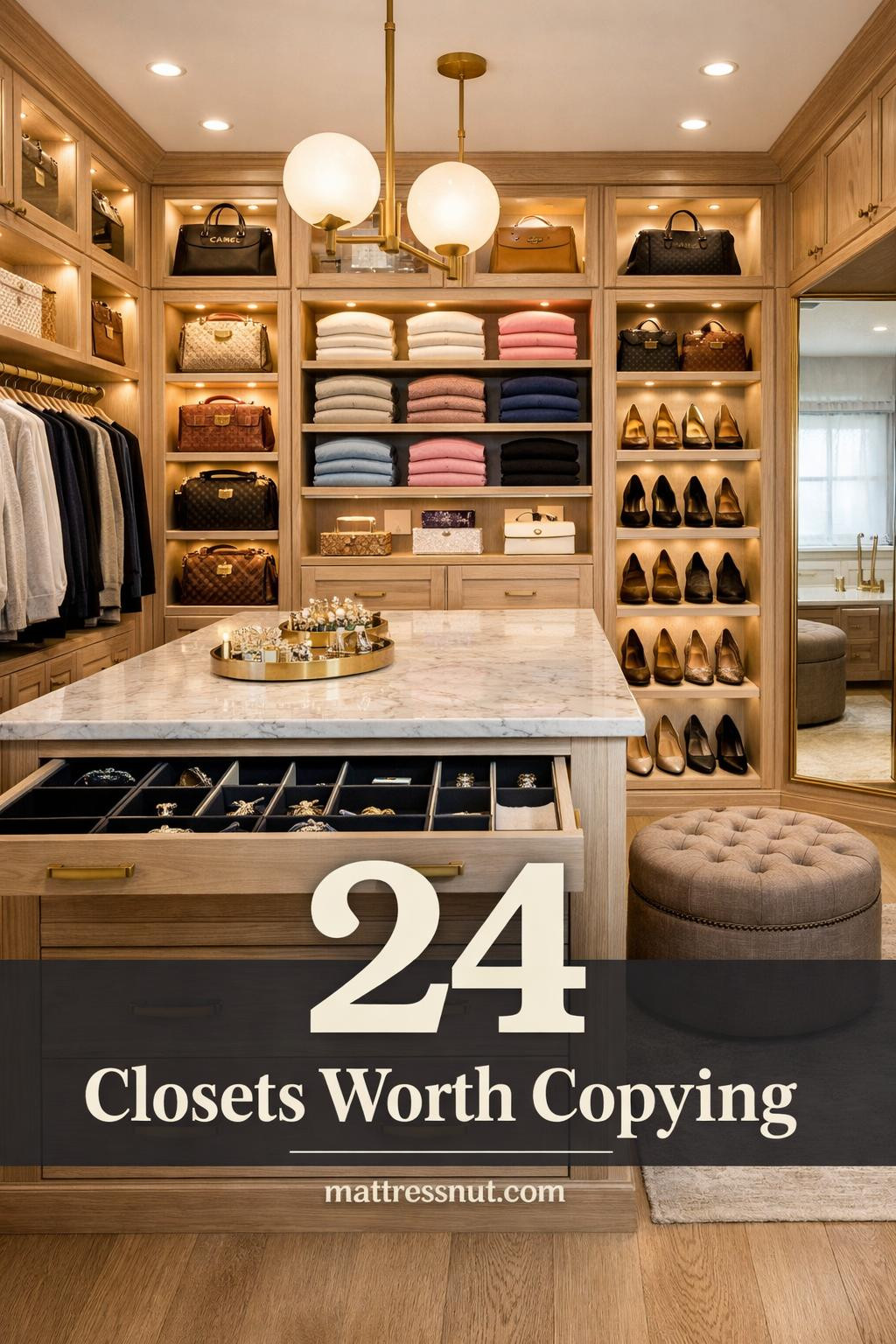 Elegant master closet with custom shelving, hanging rods, shoe racks, and organized drawer systems in neutral tones