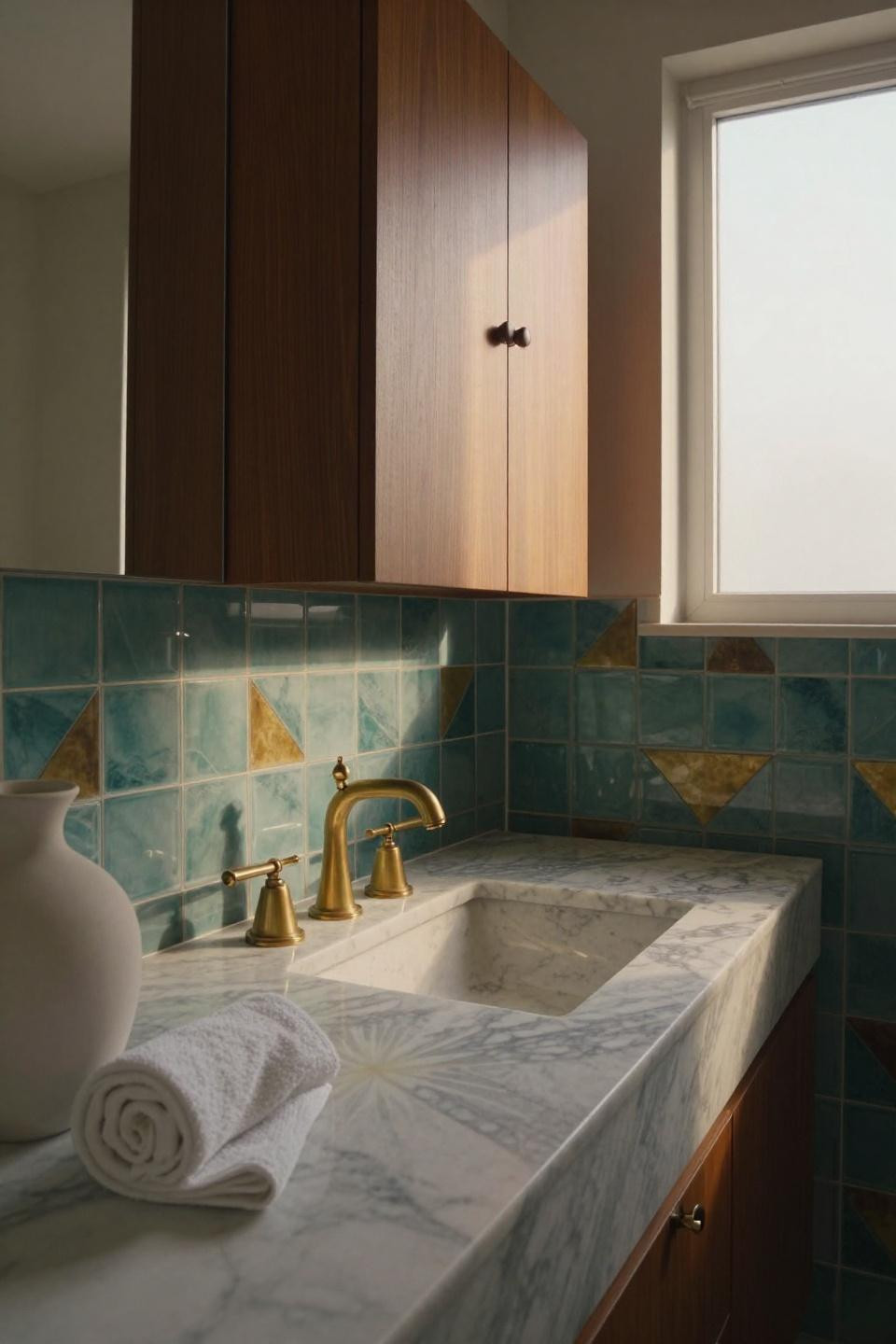 mid century bathroom walnut medicine cabinet floating marble vanity teal brass geometric floor tiles frosted window light