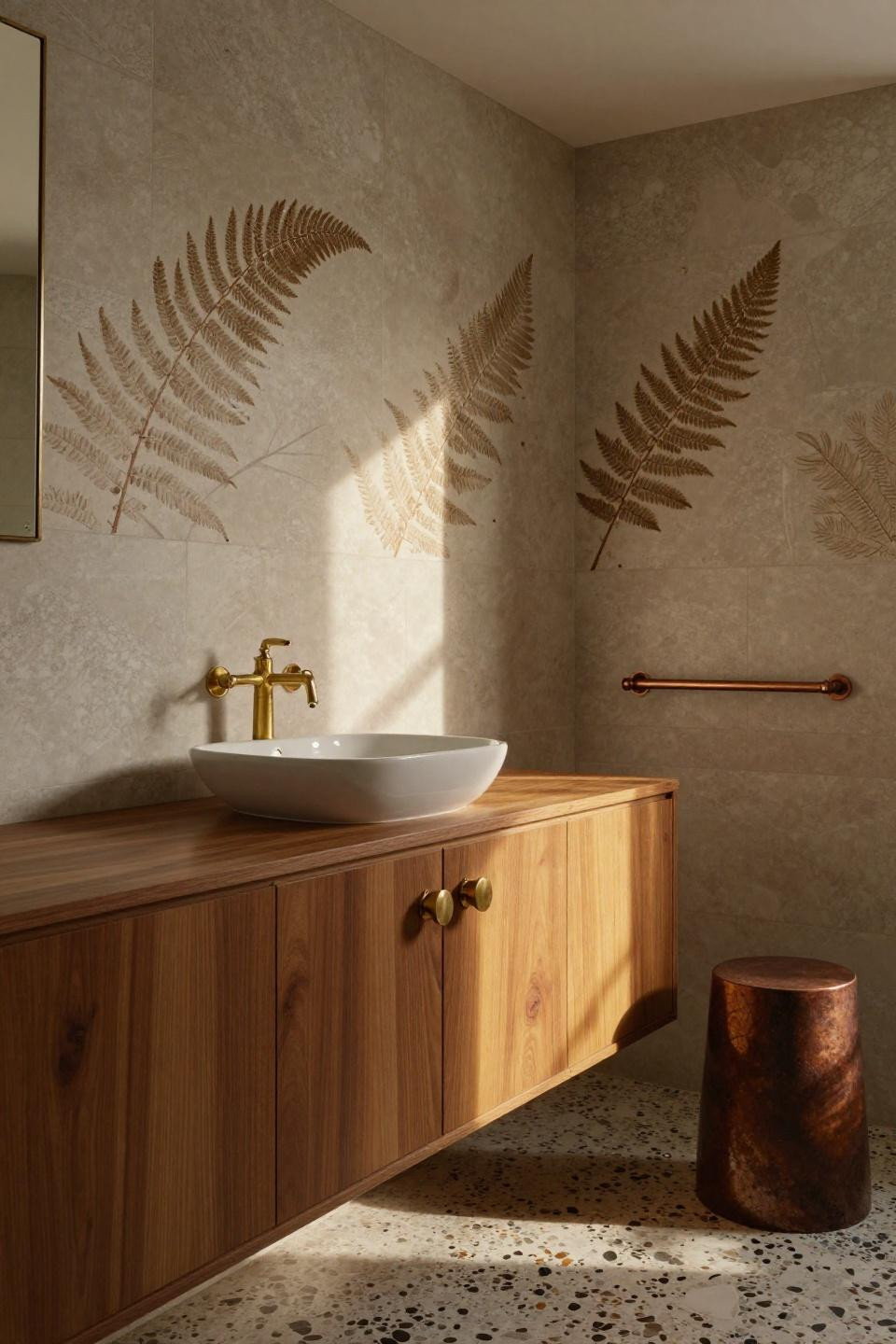 mid century modern bathroom with teak vanity, brass hardware, travertine walls, terrazzo floor catching afternoon light