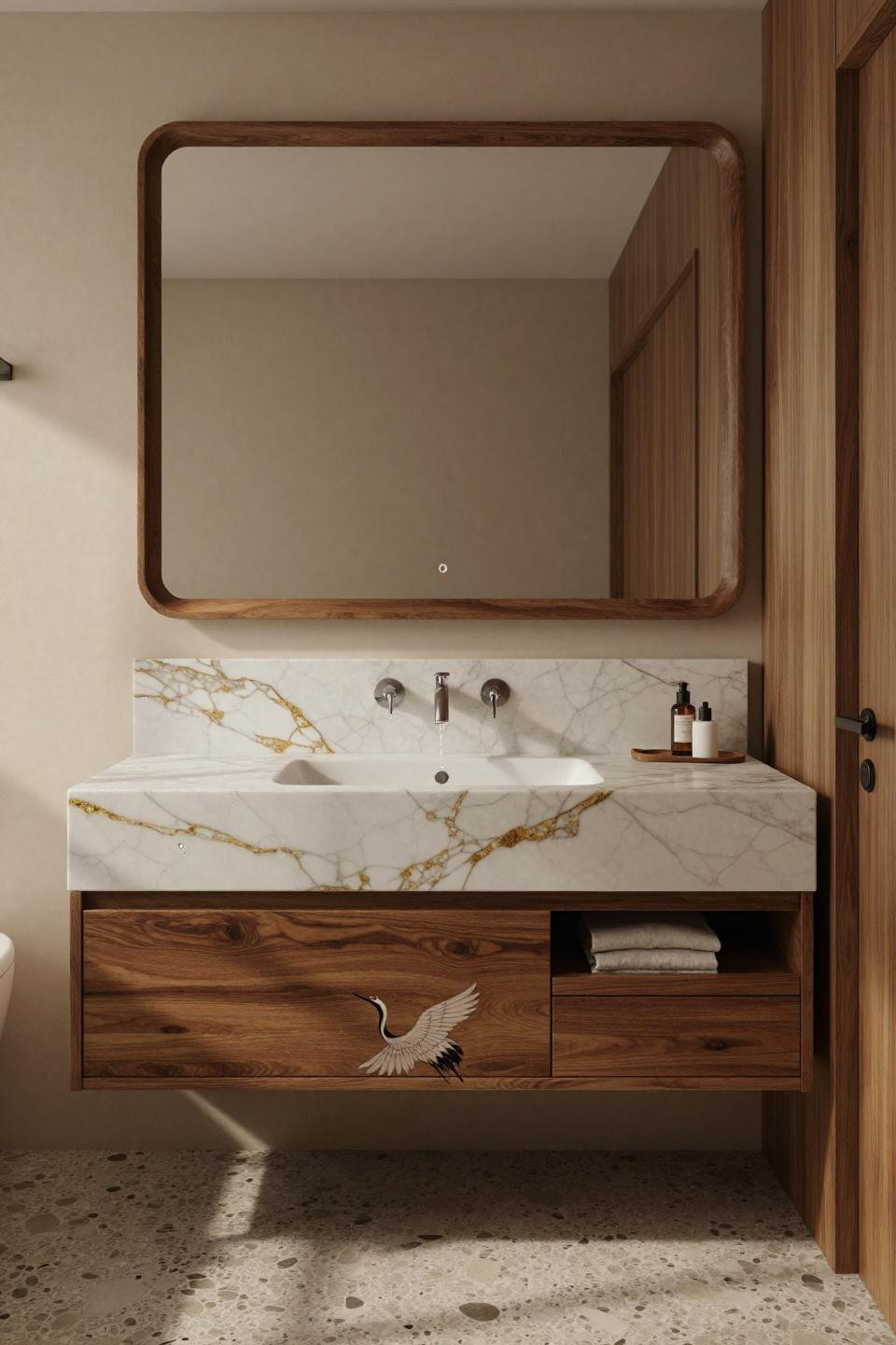 mid century modern bathroom walnut mirror floating teak vanity calacatta marble gold veining terrazzo floor japanese crane silhouette