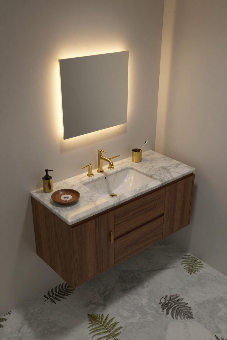 mid century modern bathroom walnut vanity brass faucet backlit onyx mirror carrara marble hex floor tiles prehistoric fern fossils atomic fixtures