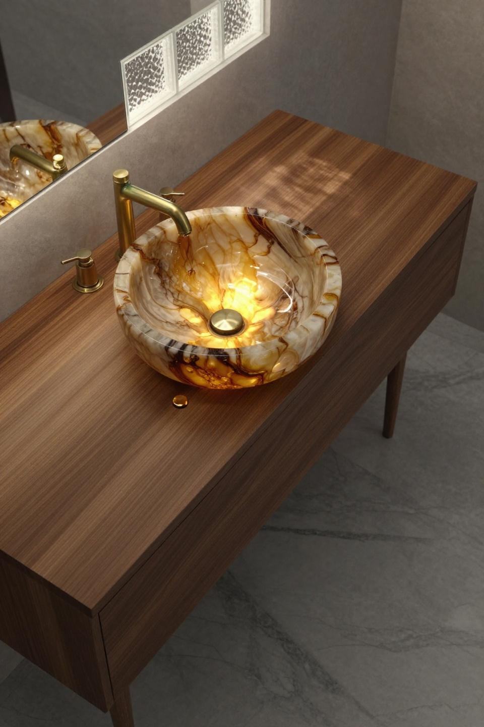 mid century modern bathroom book-matched walnut vanity unlacquered brass backlit colombian onyx vessel sink glowing nero marquina marble floor