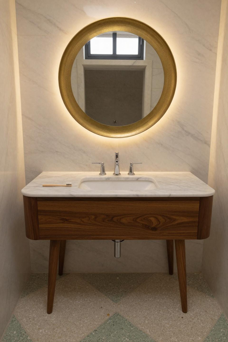 mid century modern bathroom walnut vanity tapered danish legs brass mirror geometric terrazzo translucent carrara marble panels clerestory window