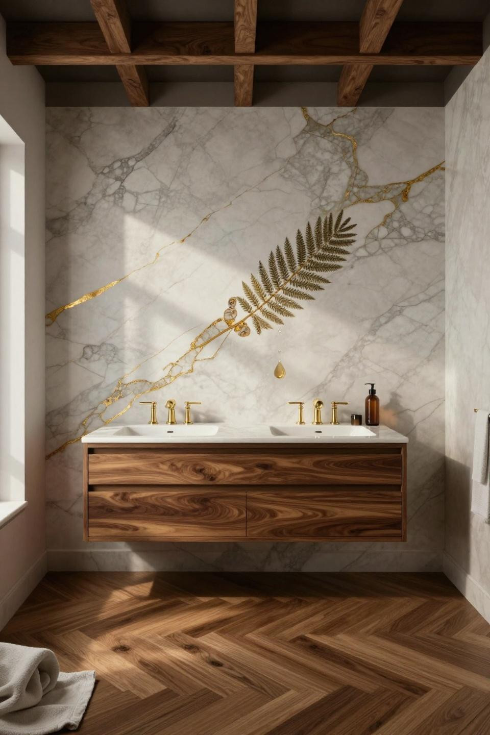 mid century modern bathroom floating walnut vanity brushed brass floor-to-ceiling calacatta marble gold veining fossilized cycad frond reclaimed teak herringbone