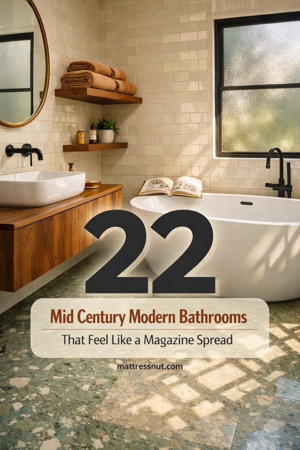 Bathroom featuring teak vanity, geometric tiles, brass fixtures, and terrazzo flooring with clean lines and retro charm