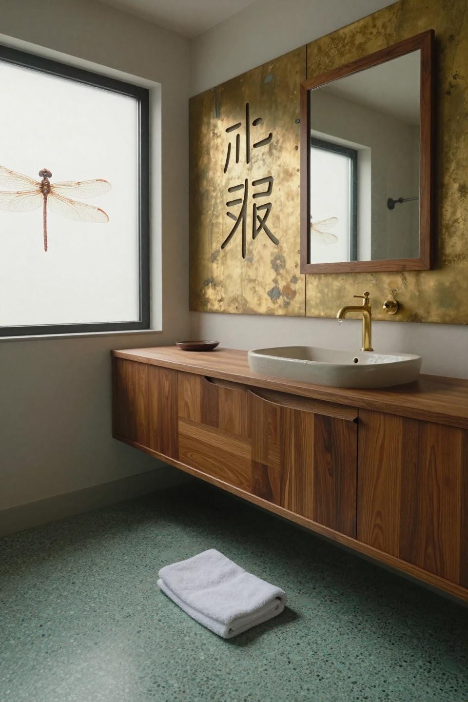 mid century modern bathroom floating teak vanity unlacquered brass panels verdigris patina walnut mirror dragonfly fossil celadon terrazzo
