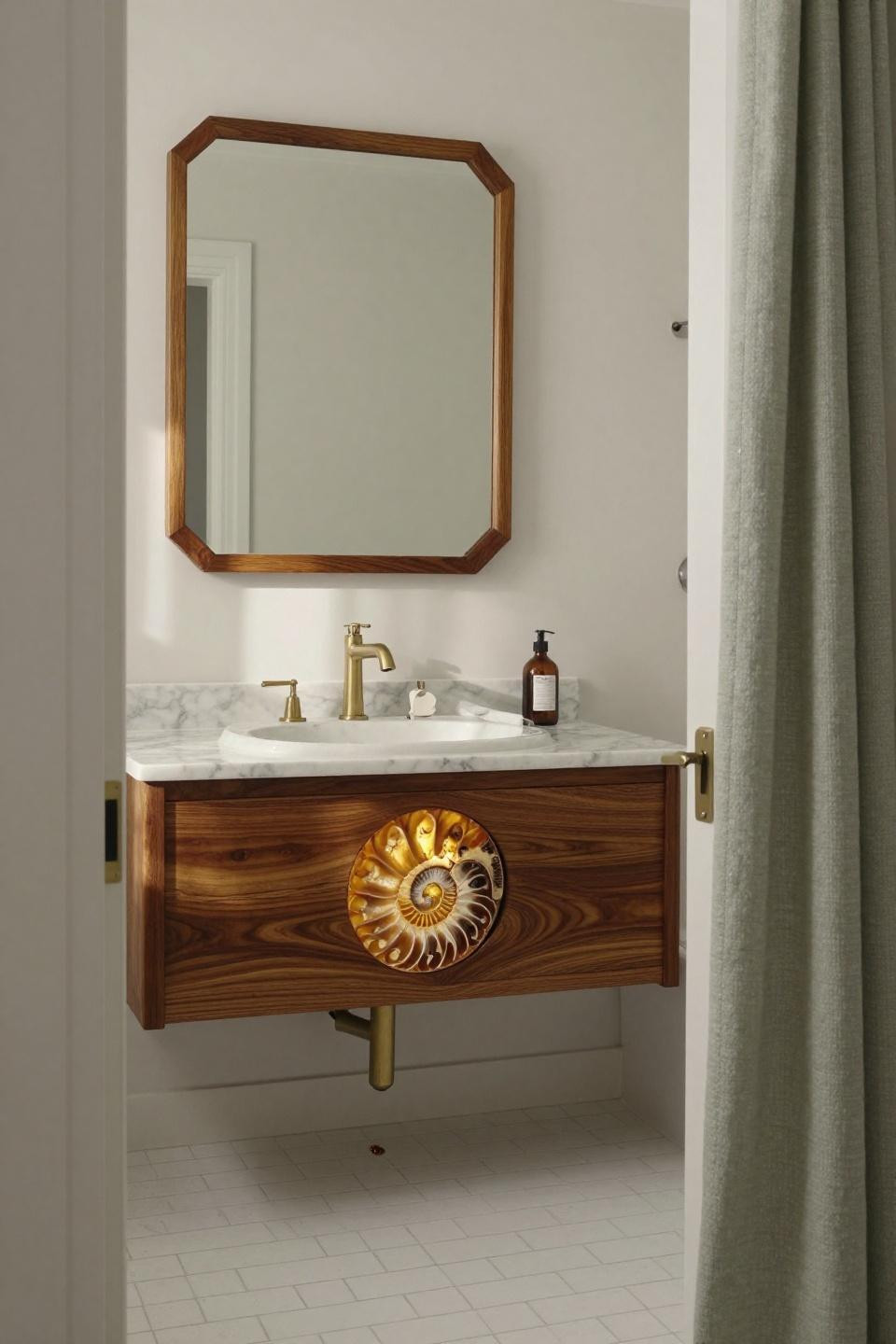 mid century bathroom book-matched walnut vanity floating ceramic basin unlacquered brass fixtures marble fossil ammonite cross-section
