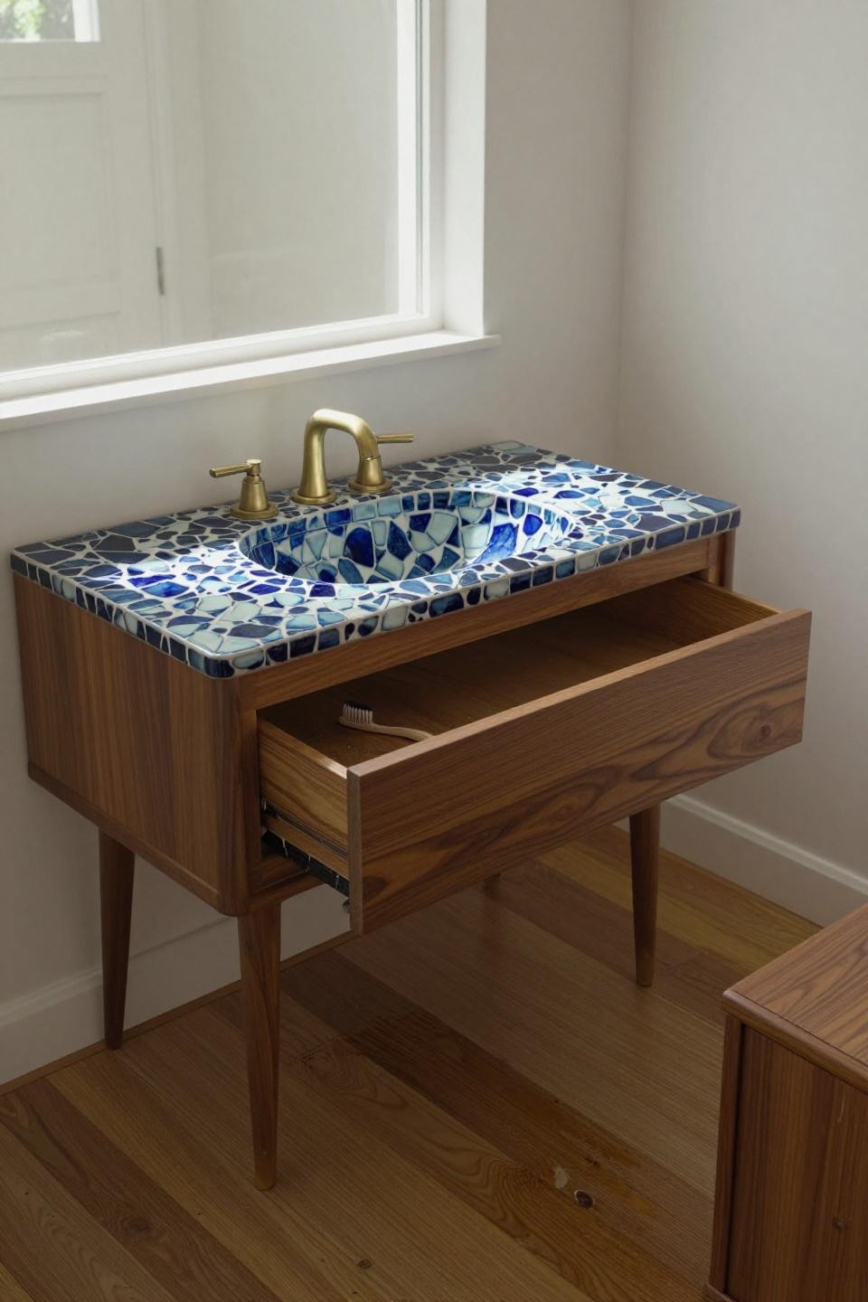 mid century modern bathroom walnut vanity tapered legs edo-period indigo pottery shards mosaic unlacquered brass honey-toned flooring water ring