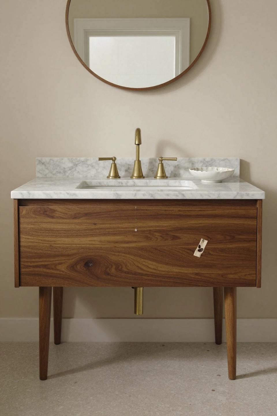 mid century modern bathroom floating walnut vanity tapered 1960s legs carrara marble countertop ancient roman tile fragment brushed brass fixtures