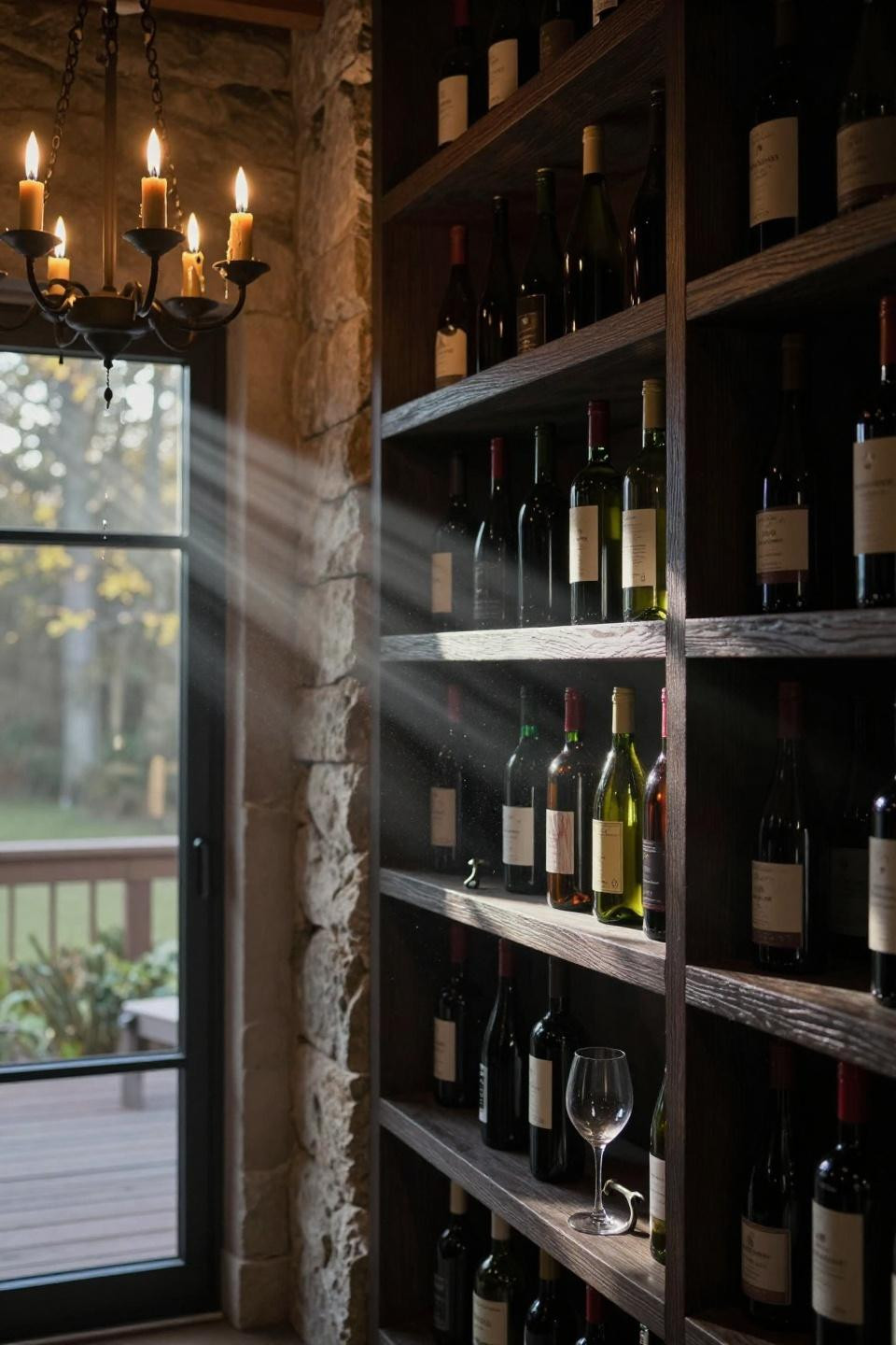 contemporary barn house wine cellar with smoked oak built in racks blackened steel glass door and antique iron chandelier