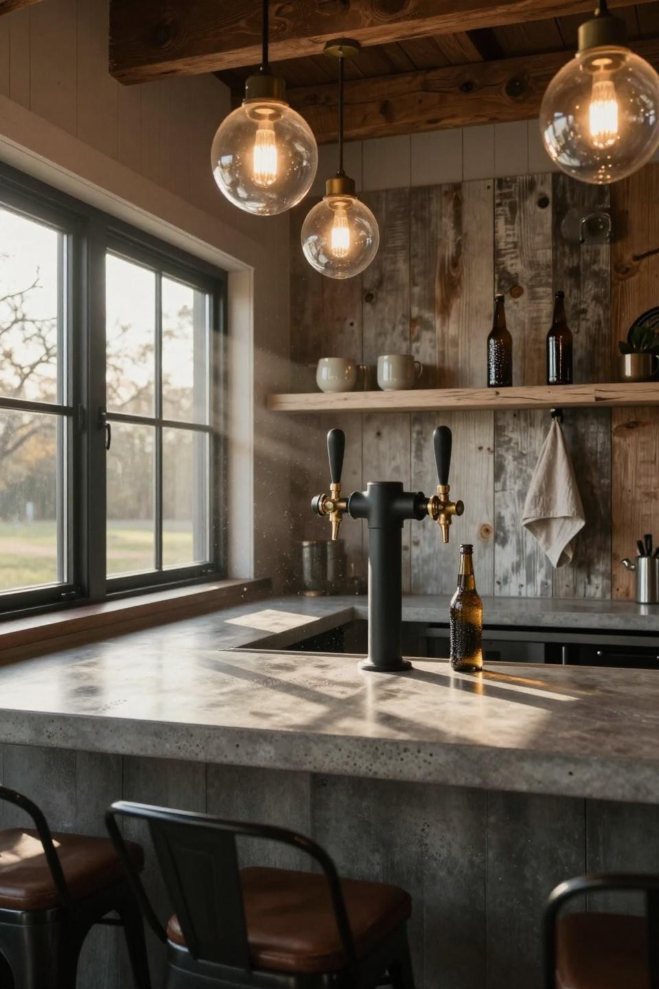 contemporary barn house wet bar with matte black triple tap beer system unlacquered brass fittings and honed concrete counter