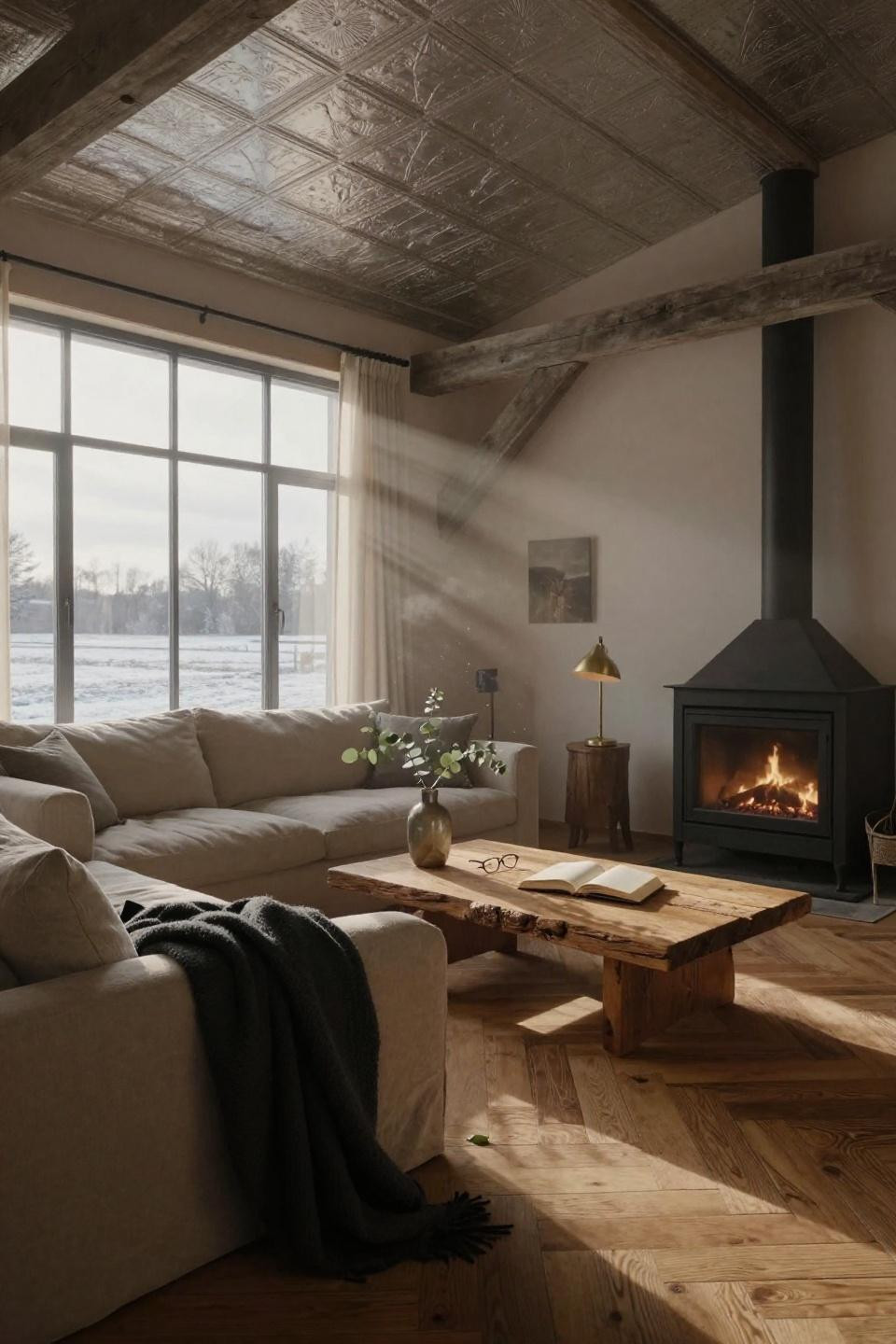 scandinavian barn house great room with pressed tin ceiling herringbone oak flooring and oatmeal linen sectional near steel windows