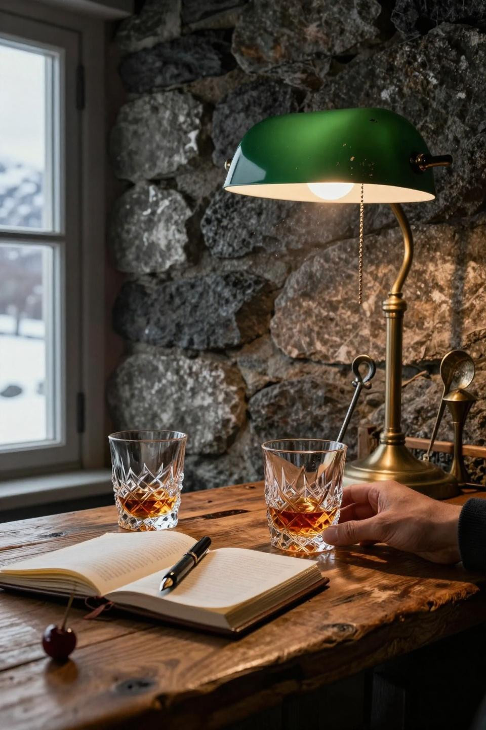 barn house cocktail station with green banker lamp brass bar tools and aged whiskey on reclaimed oak surface near stone wall