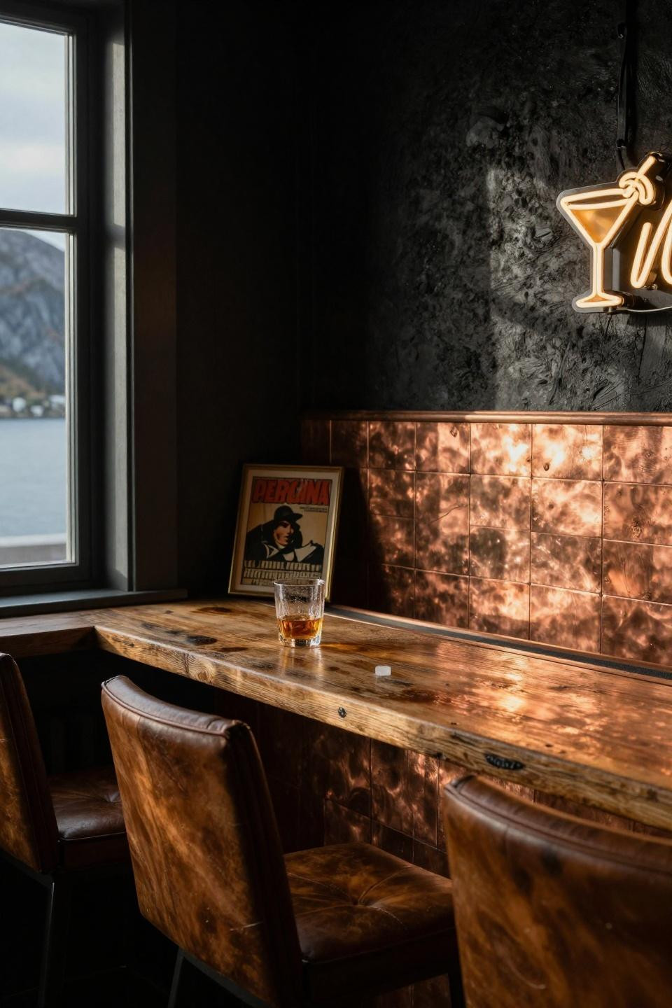 scandinavian barn house bar corner with hammered copper backsplash reclaimed oak counter and burnt sienna leather bar stools