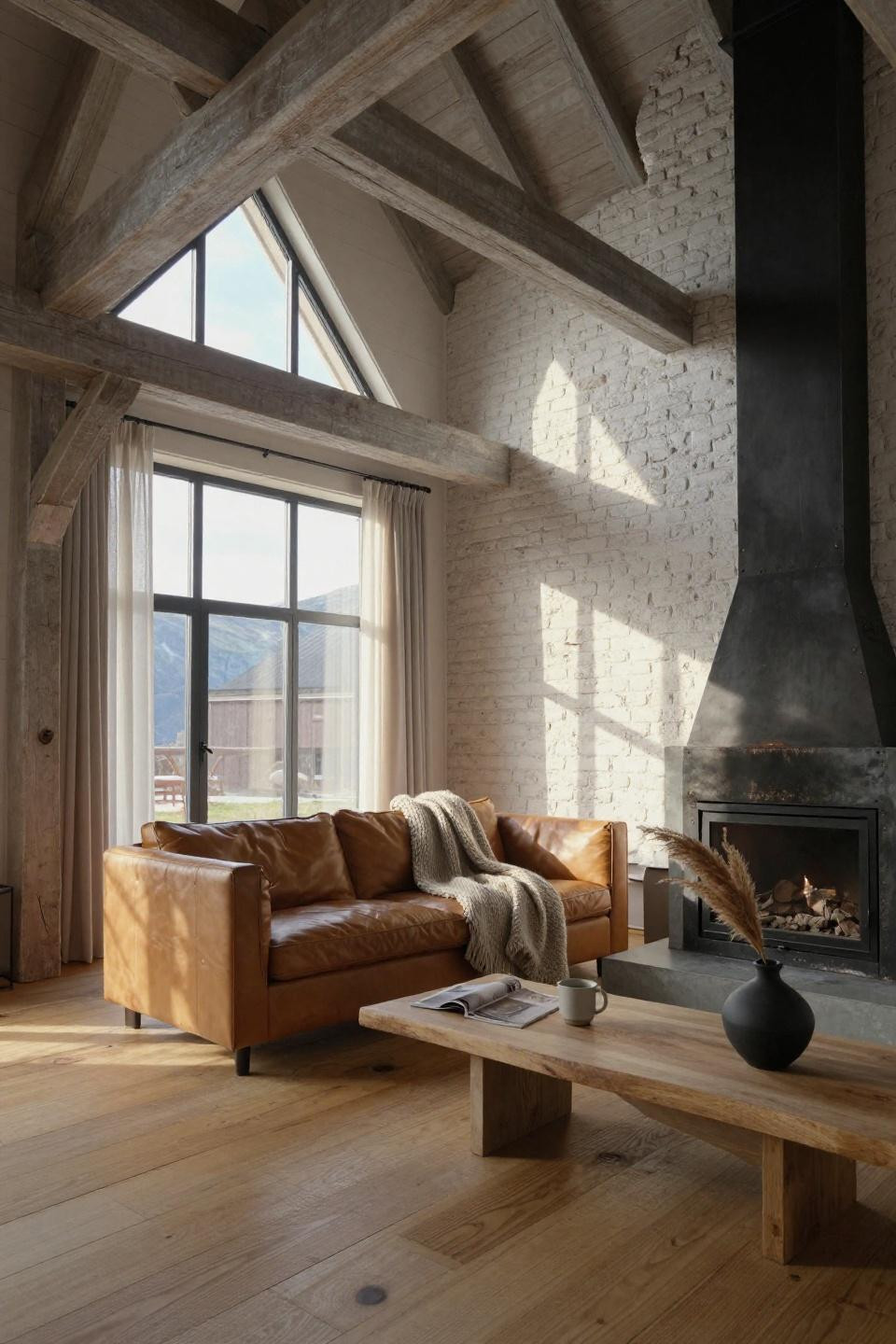 scandinavian barn house living room with cathedral ceiling exposed timber trusses cognac leather sofa and blackened steel fireplace