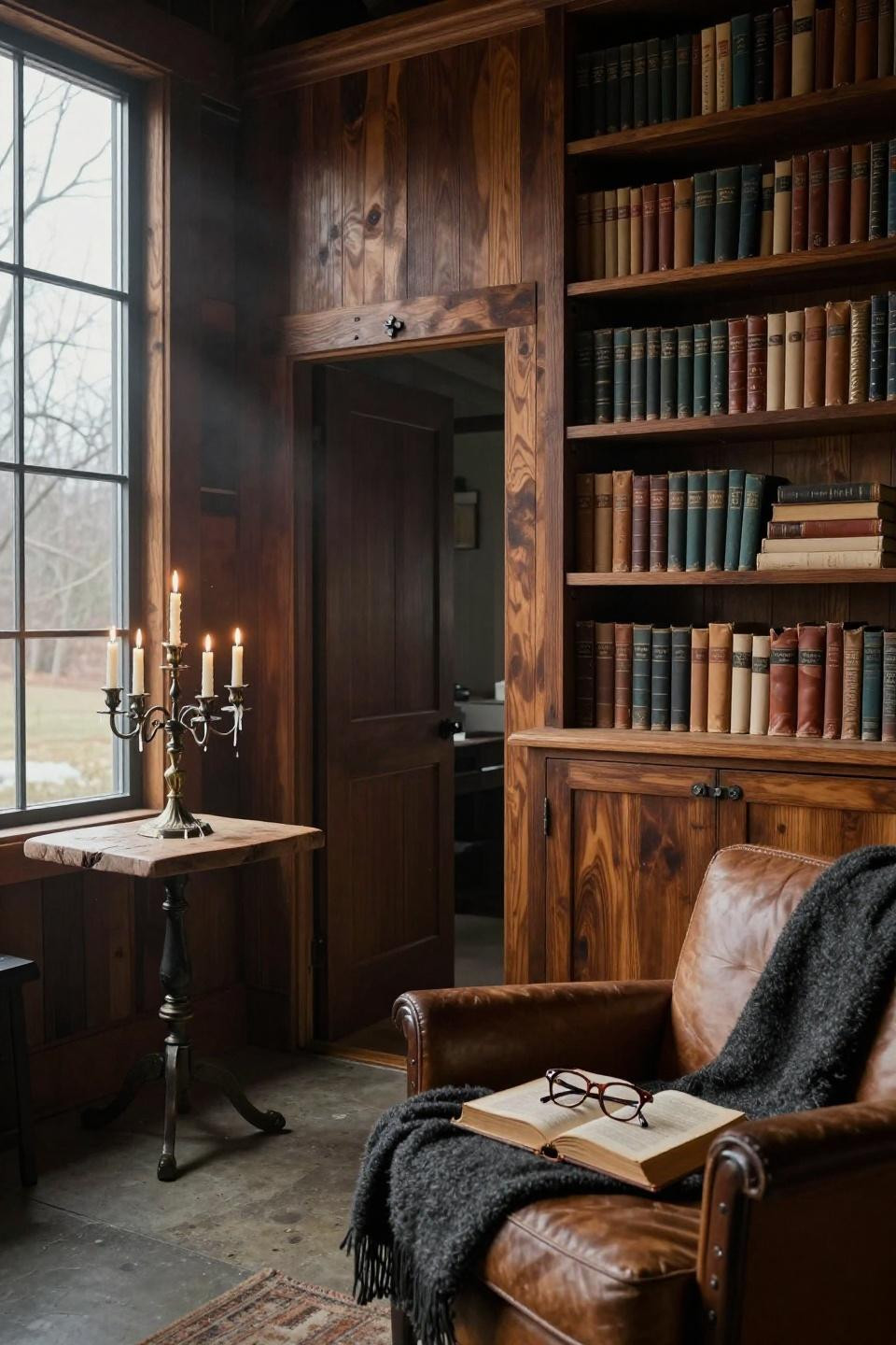 contemporary barn house library with concealed bookshelf door walnut paneling and wrought iron candelabra beside leather reading chair