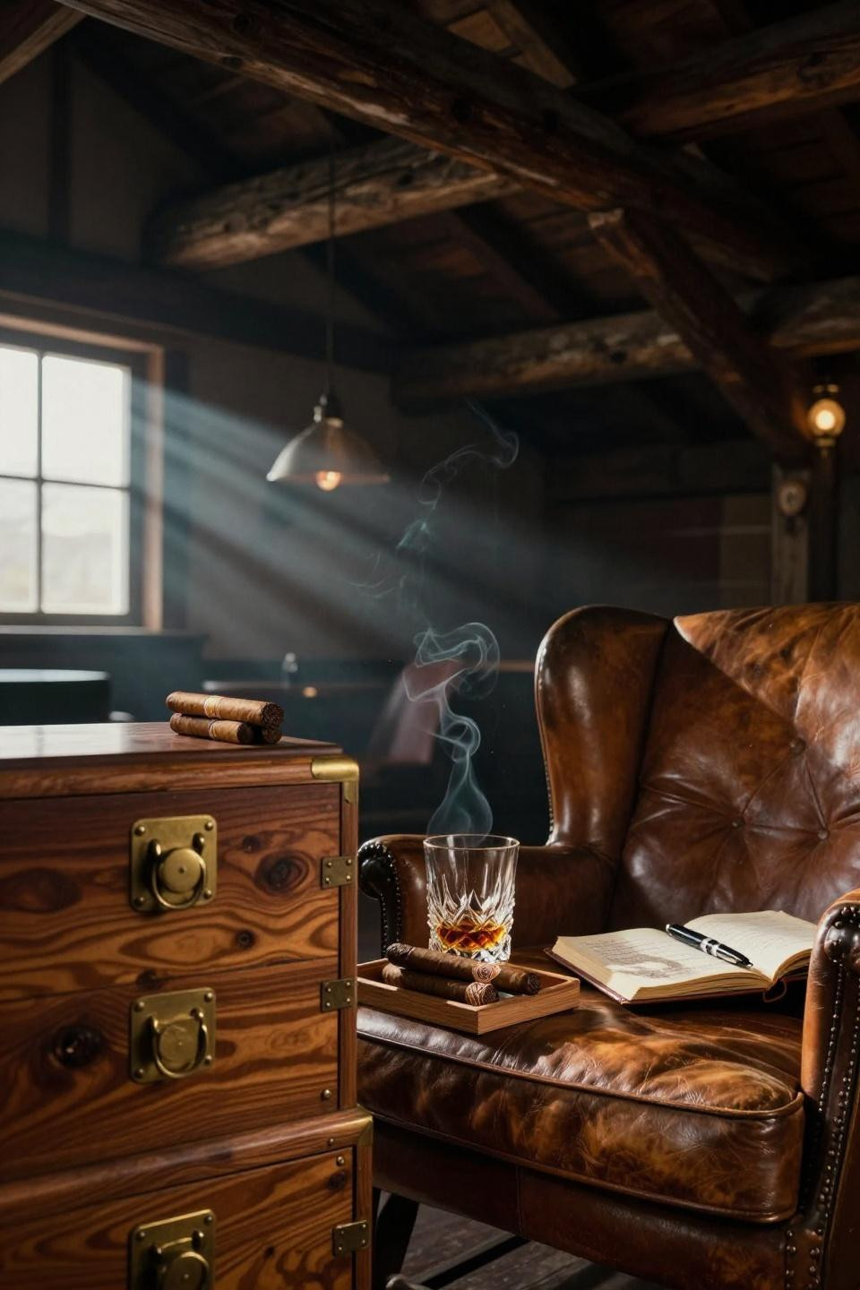 modern barn house cigar lounge with museum quality walnut humidor cabinet cognac leather wingback chair and hand cut dovetail joints