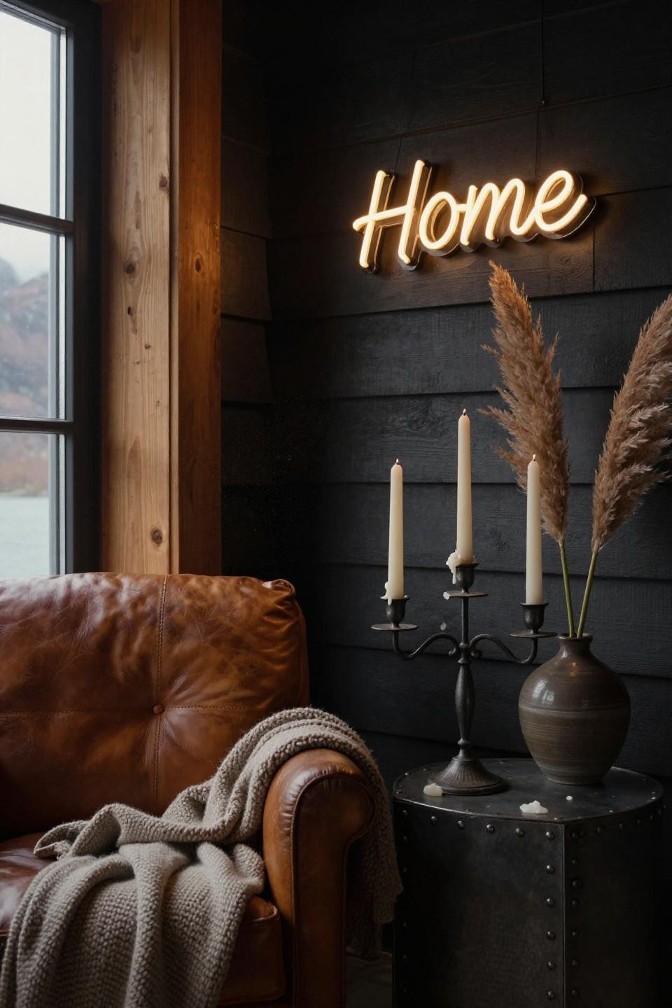 modern barn house corner with custom home neon sign against charcoal shiplap vintage cognac leather armchair and iron candelabra