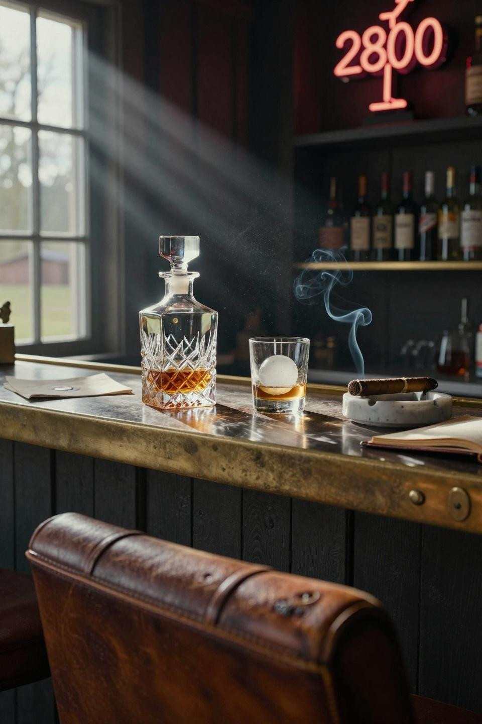 scandinavian barn house home bar with hand cut crystal decanter antique mercury glass mirror and cognac leather bar stool