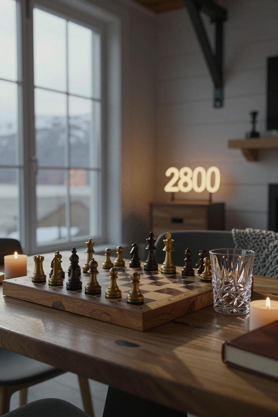 barn house chess set mid game on honey oak slab table with brass pieces and custom amber neon sign near smoked oak built ins