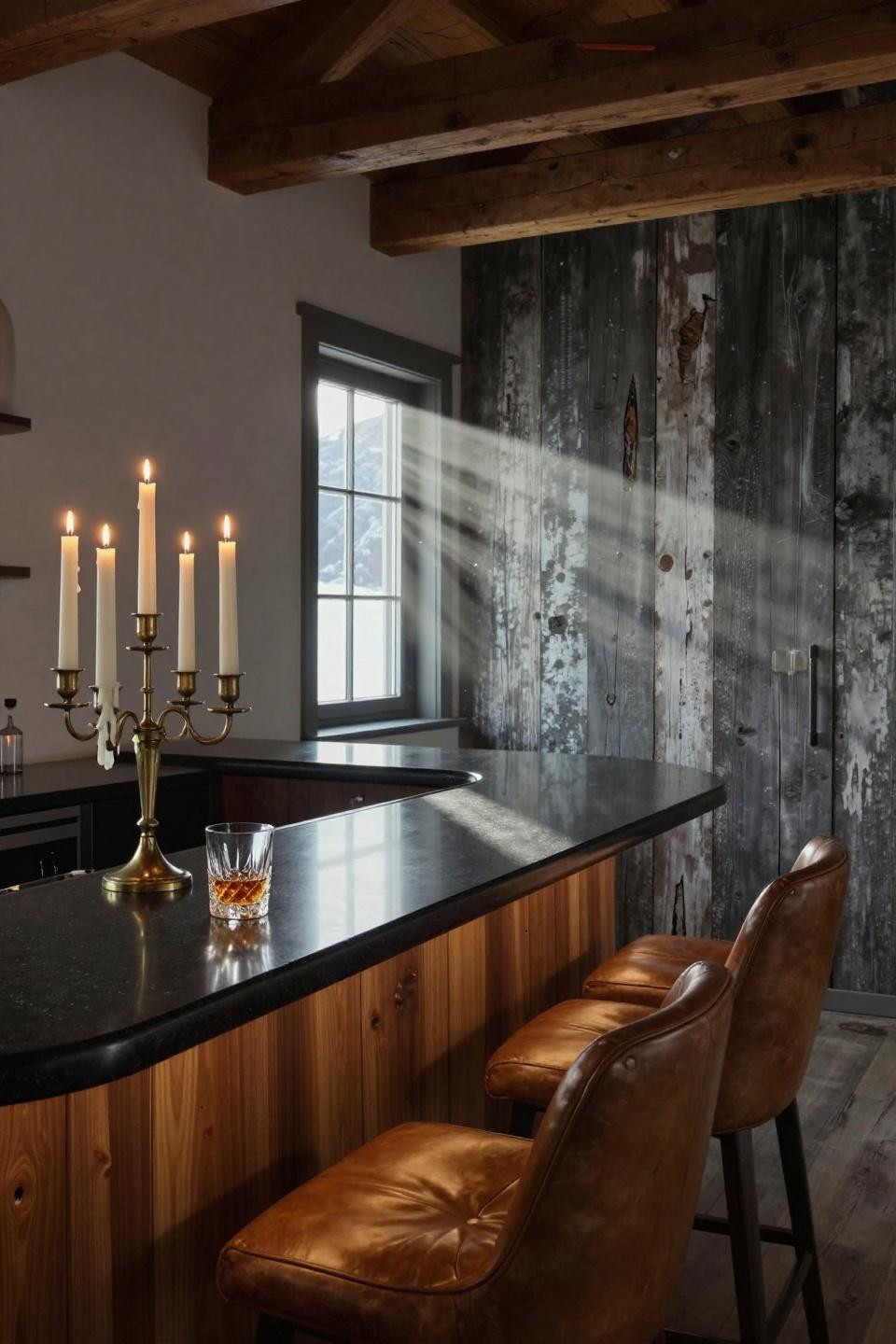 modern barn house curved walnut bar counter with honed black granite top brass candelabra and reclaimed barn wood accent wall