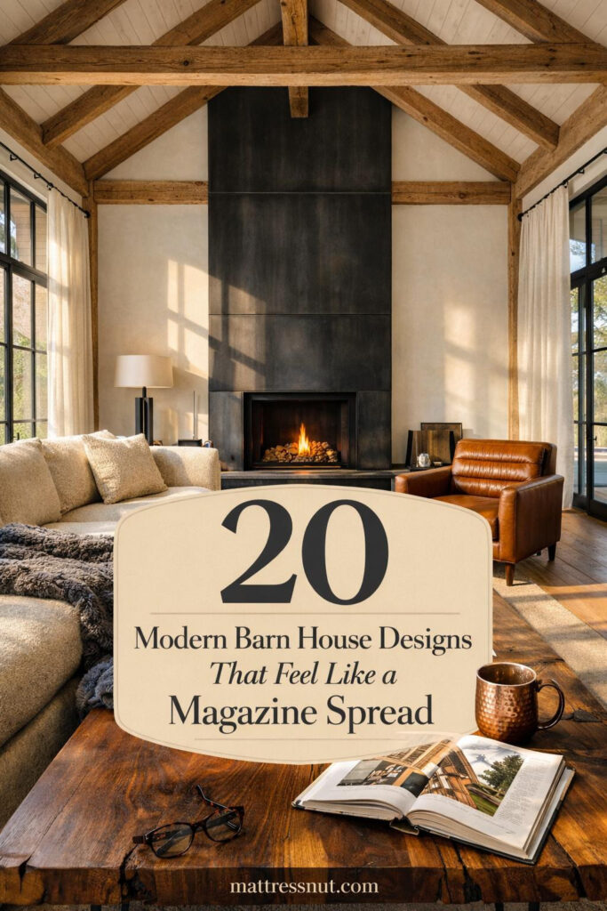 Contemporary barn-style home featuring black metal siding, oversized glass windows, and rustic wood accents