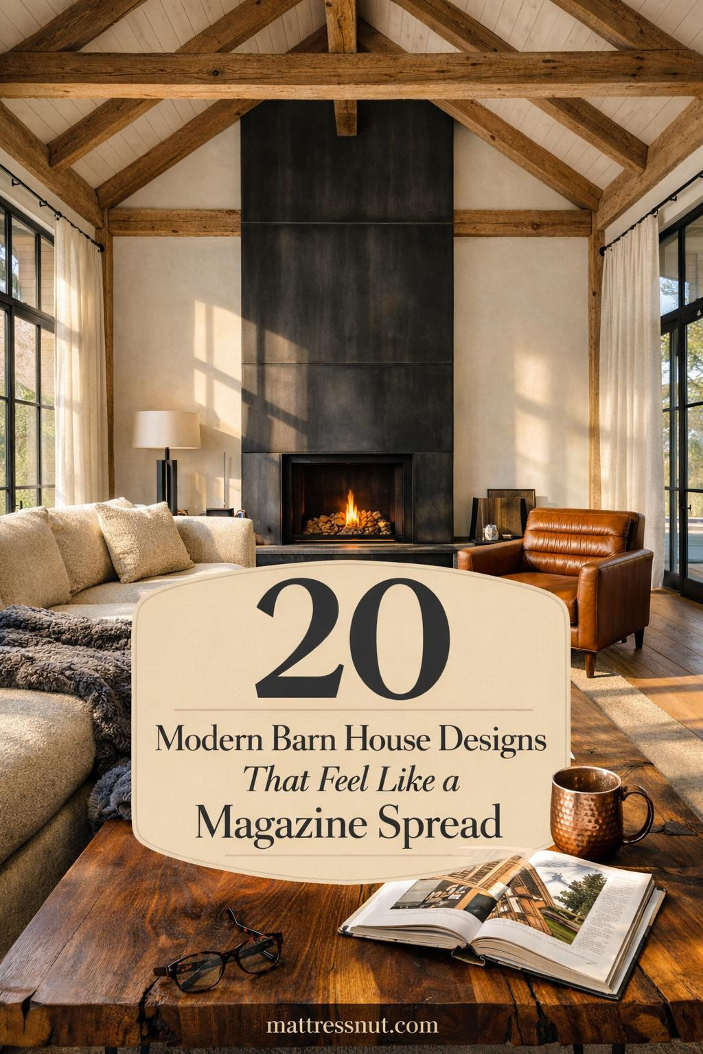 Contemporary barn-style home featuring black metal siding, oversized glass windows, and rustic wood accents