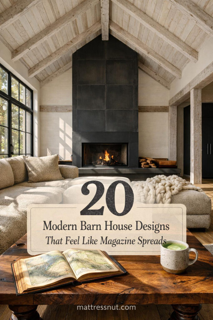 Spacious barn-style home featuring black steel frames, natural wood siding, vaulted ceilings, and large glass windows