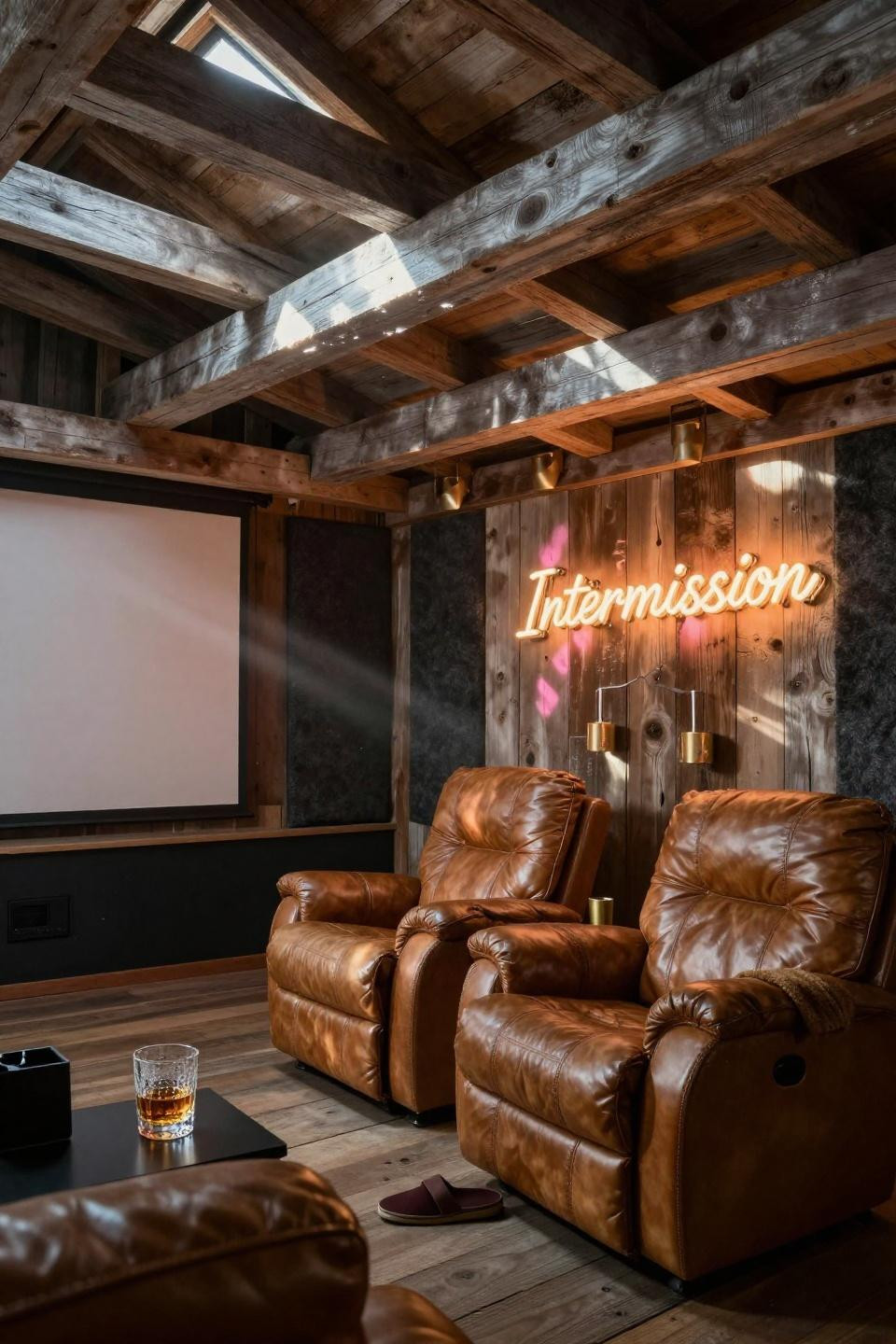 modern barn house home theater with reclaimed barn wood accent wall cognac leather recliners and amber neon intermission sign